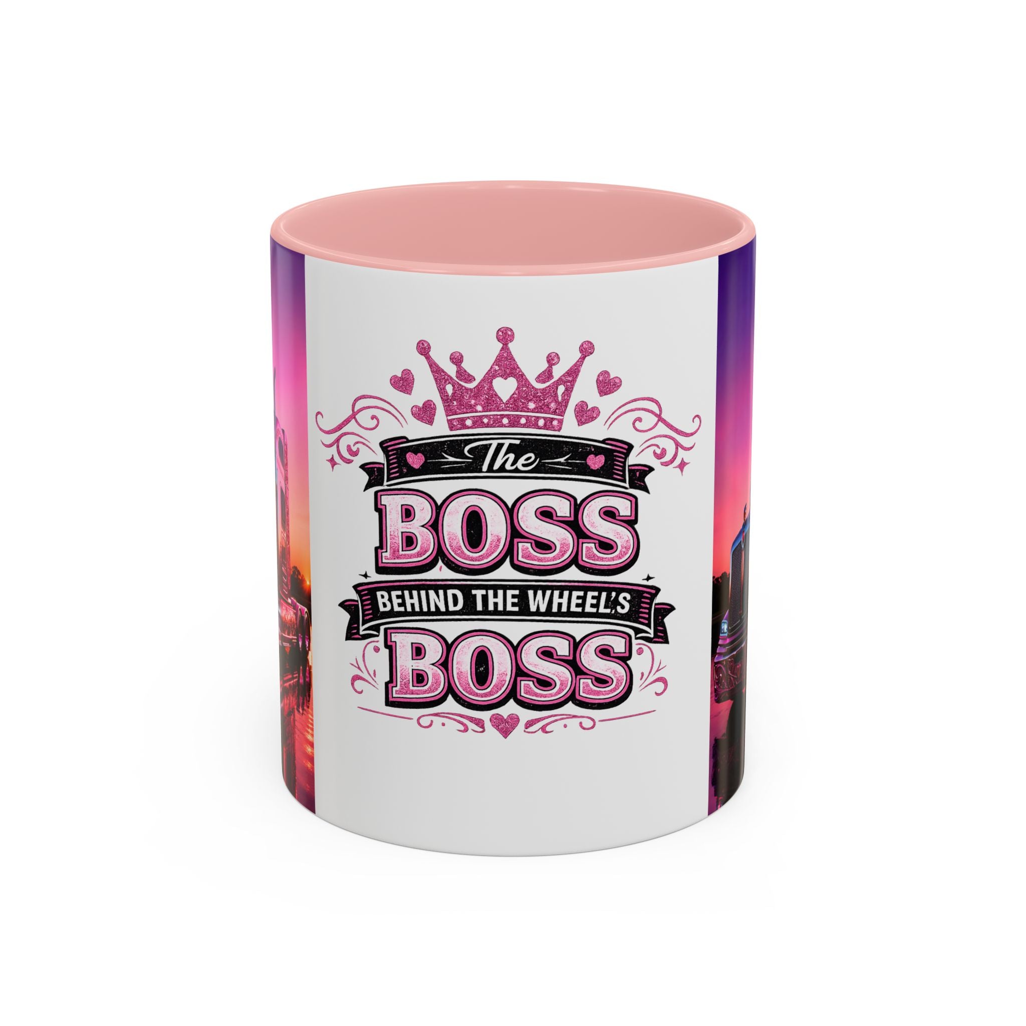 Accent Coffee Mug - "The Boss Behind the Wheel's Boss" Pink Semi Truck Driver Coffee Mug