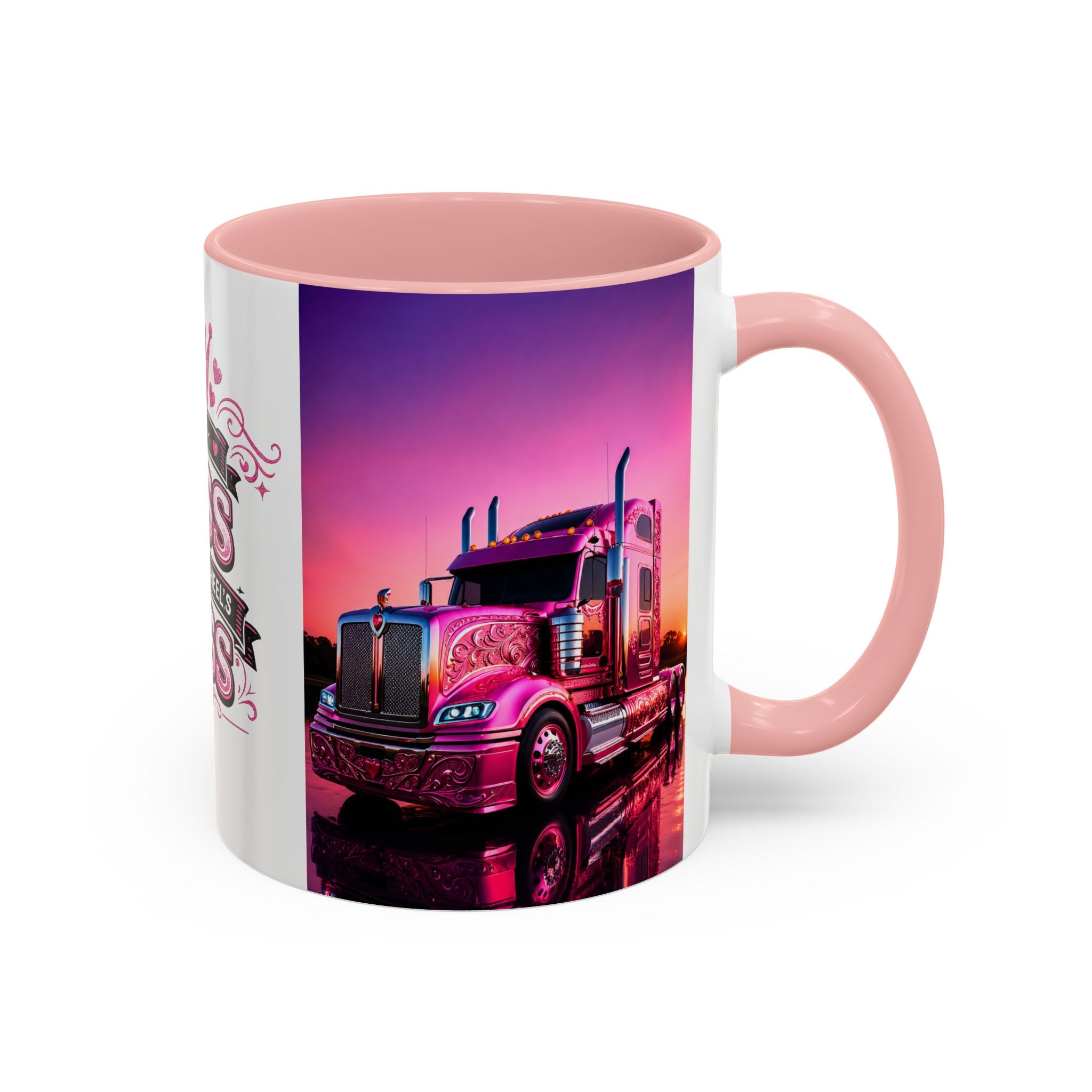 Accent Coffee Mug - "The Boss Behind the Wheel's Boss" Pink Semi Truck Driver Coffee Mug