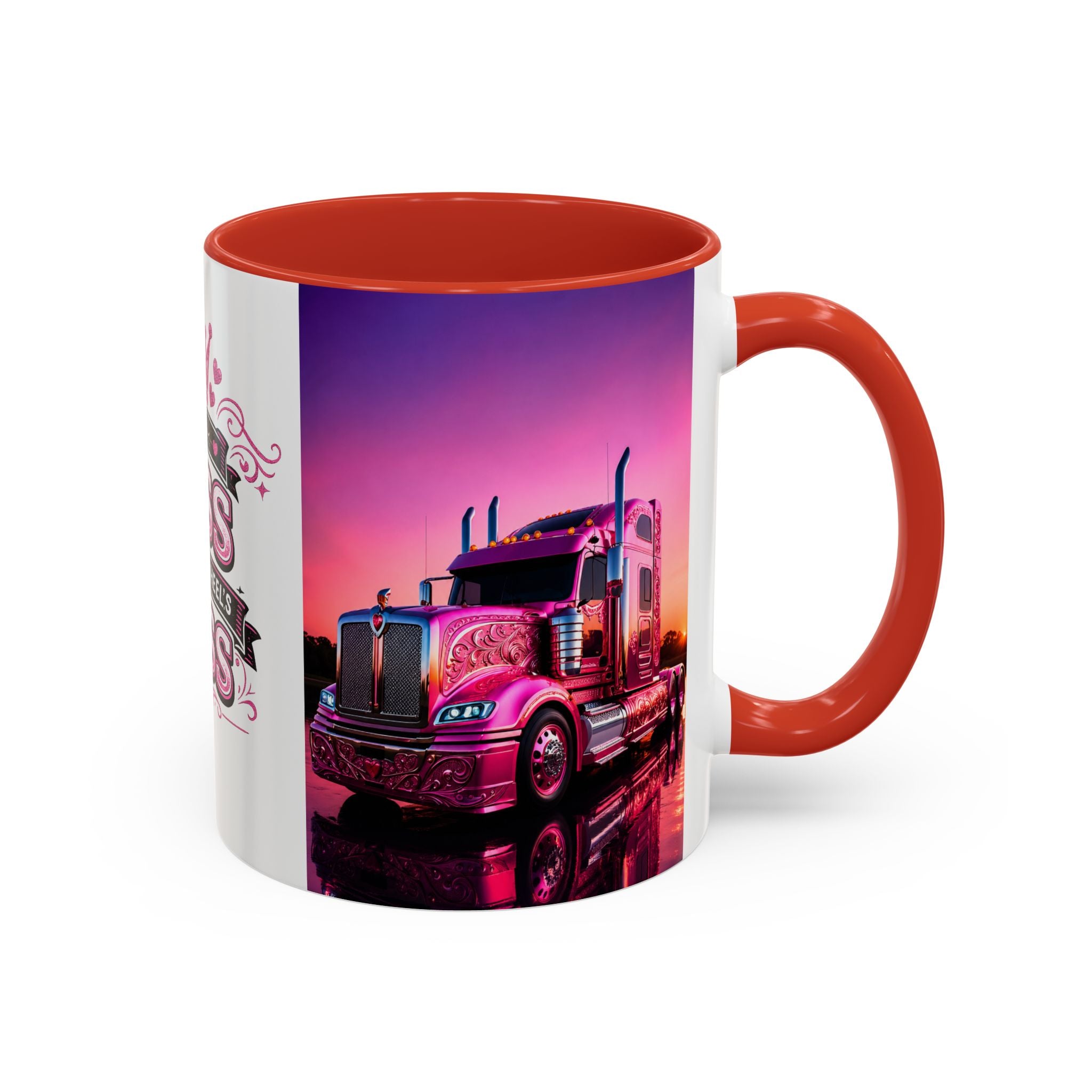 Accent Coffee Mug - "The Boss Behind the Wheel's Boss" Pink Semi Truck Driver Coffee Mug