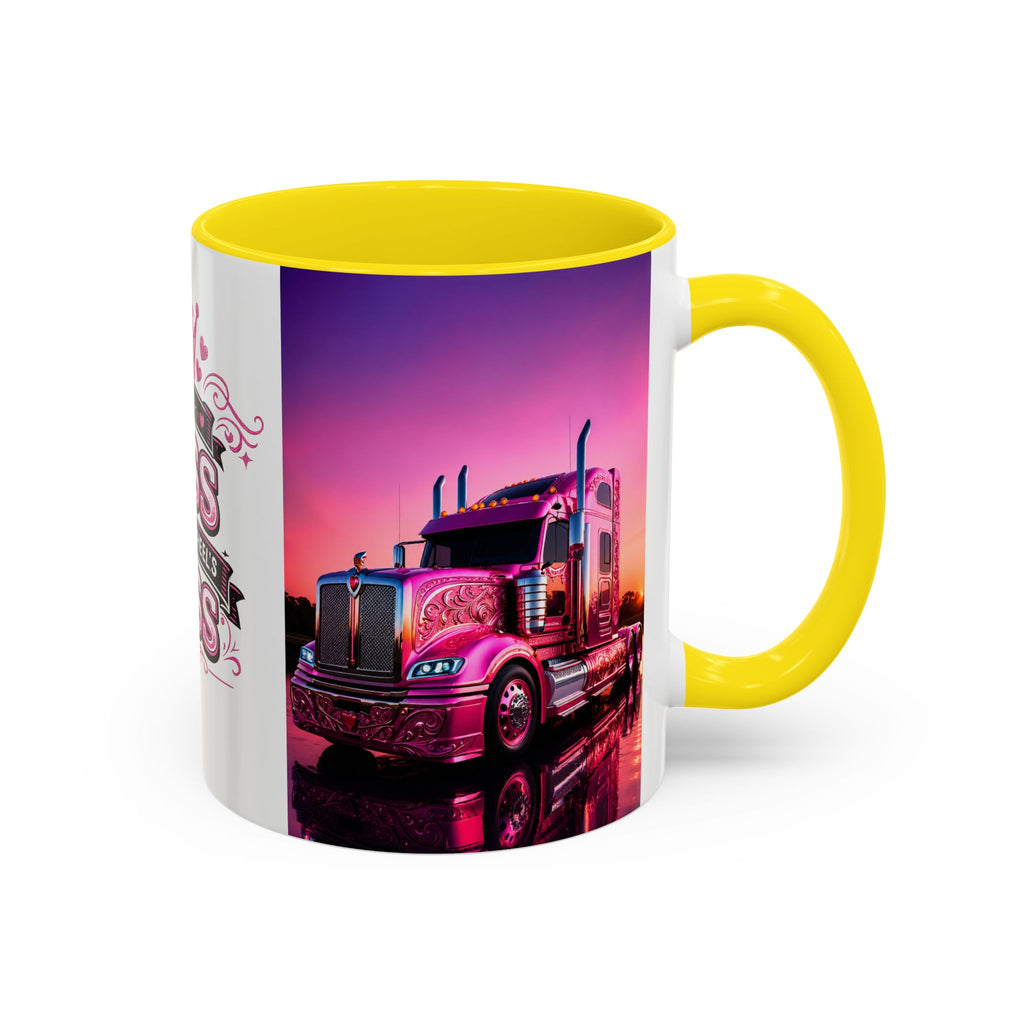 Accent Coffee Mug - "The Boss Behind the Wheel's Boss" Pink Semi Truck Driver Coffee Mug