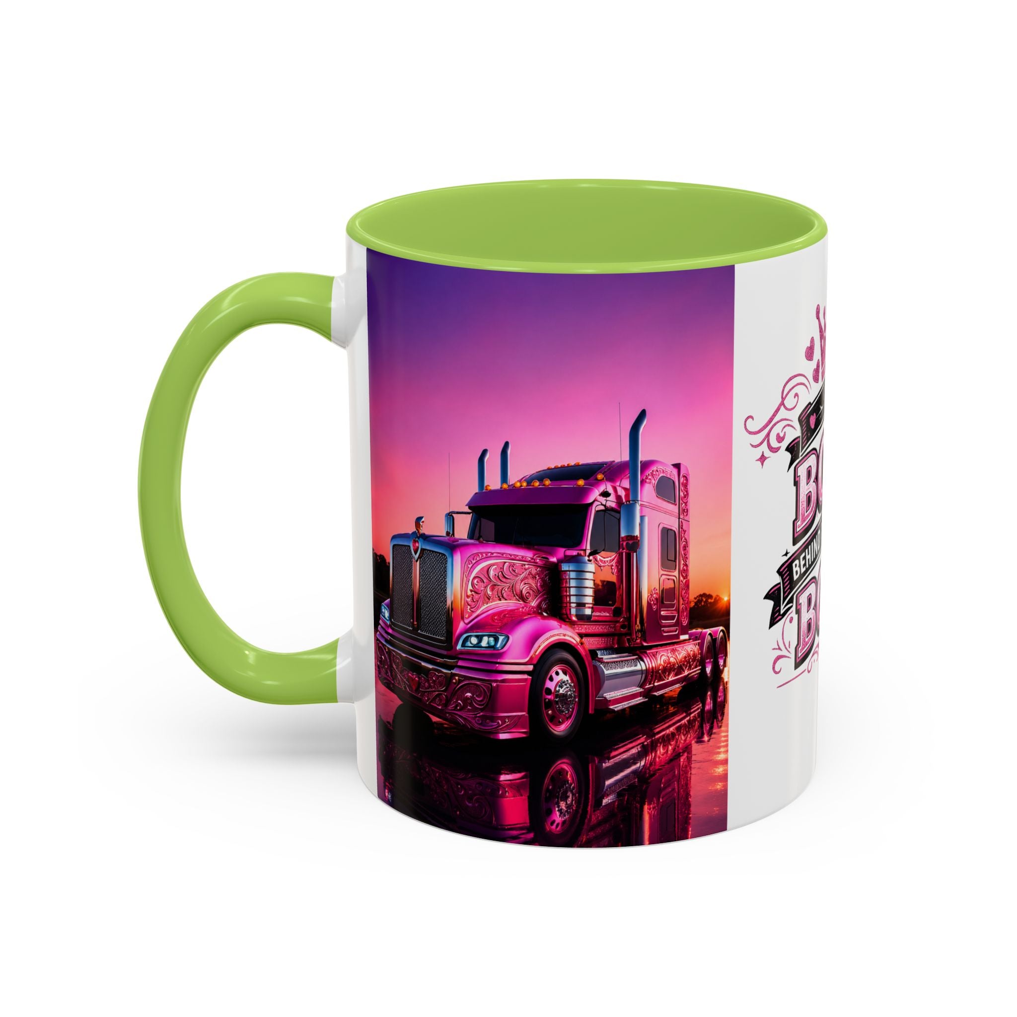 Accent Coffee Mug - "The Boss Behind the Wheel's Boss" Pink Semi Truck Driver Coffee Mug