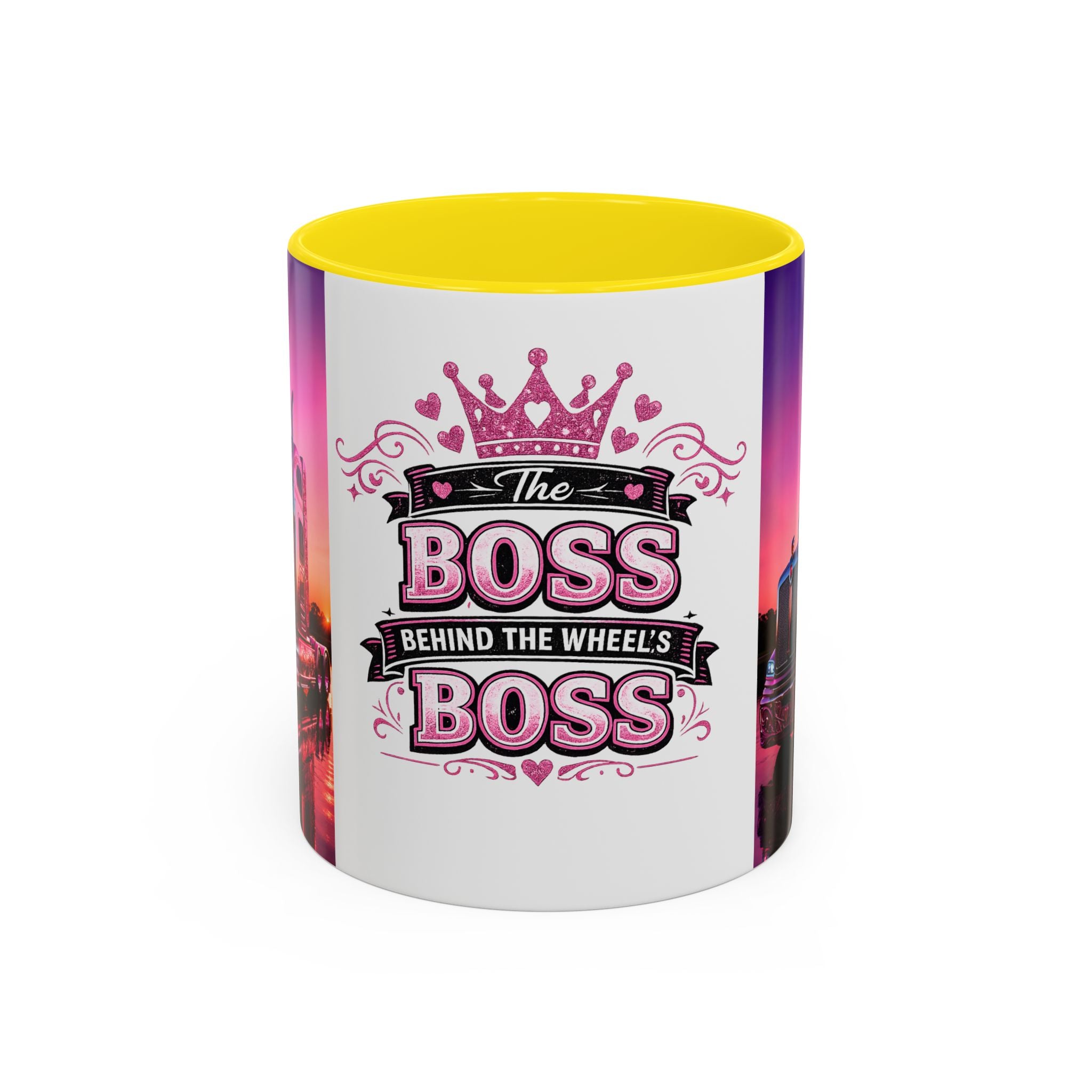 Accent Coffee Mug - "The Boss Behind the Wheel's Boss" Pink Semi Truck Driver Coffee Mug