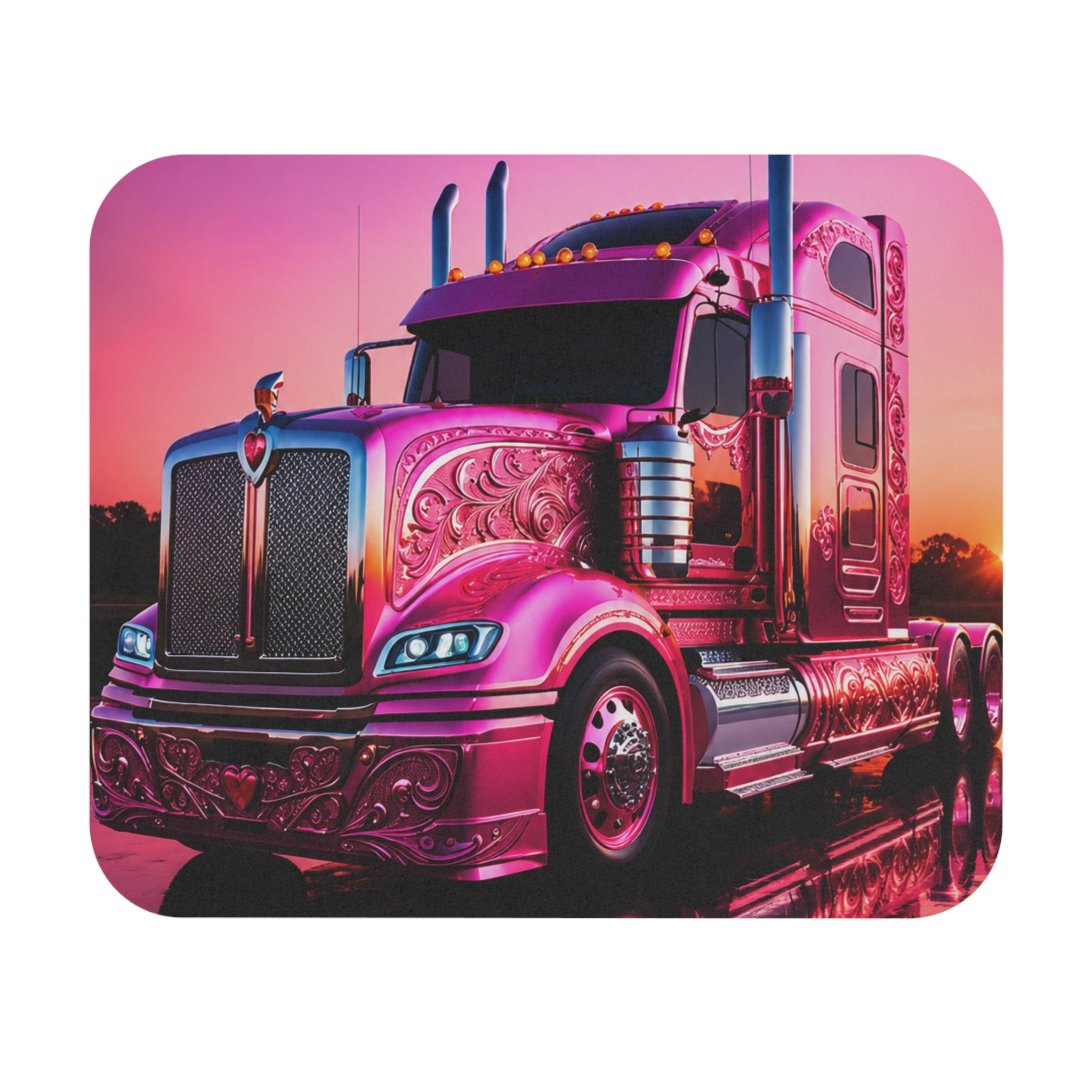 Pink Custom Semi Truck Mouse Pad — Glamorous Sunset Big Rig Desk Mat